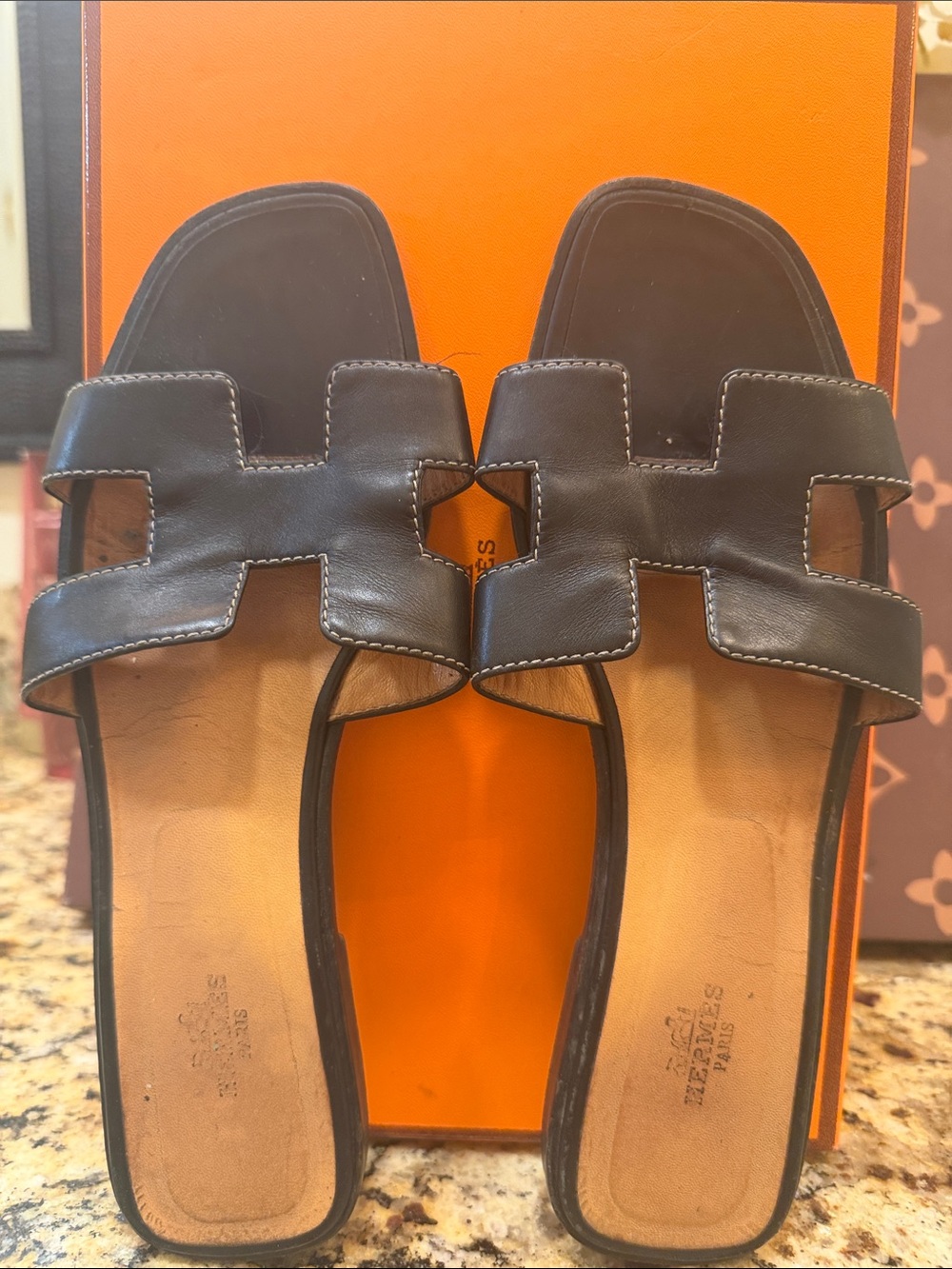 Hermes Black Leather Oran Slide Sandals